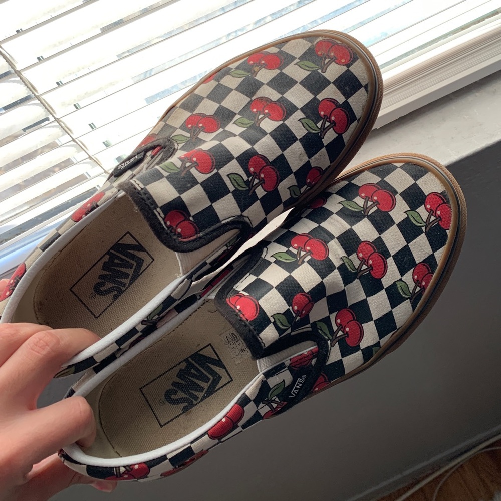 Cherry checkered slip on vans